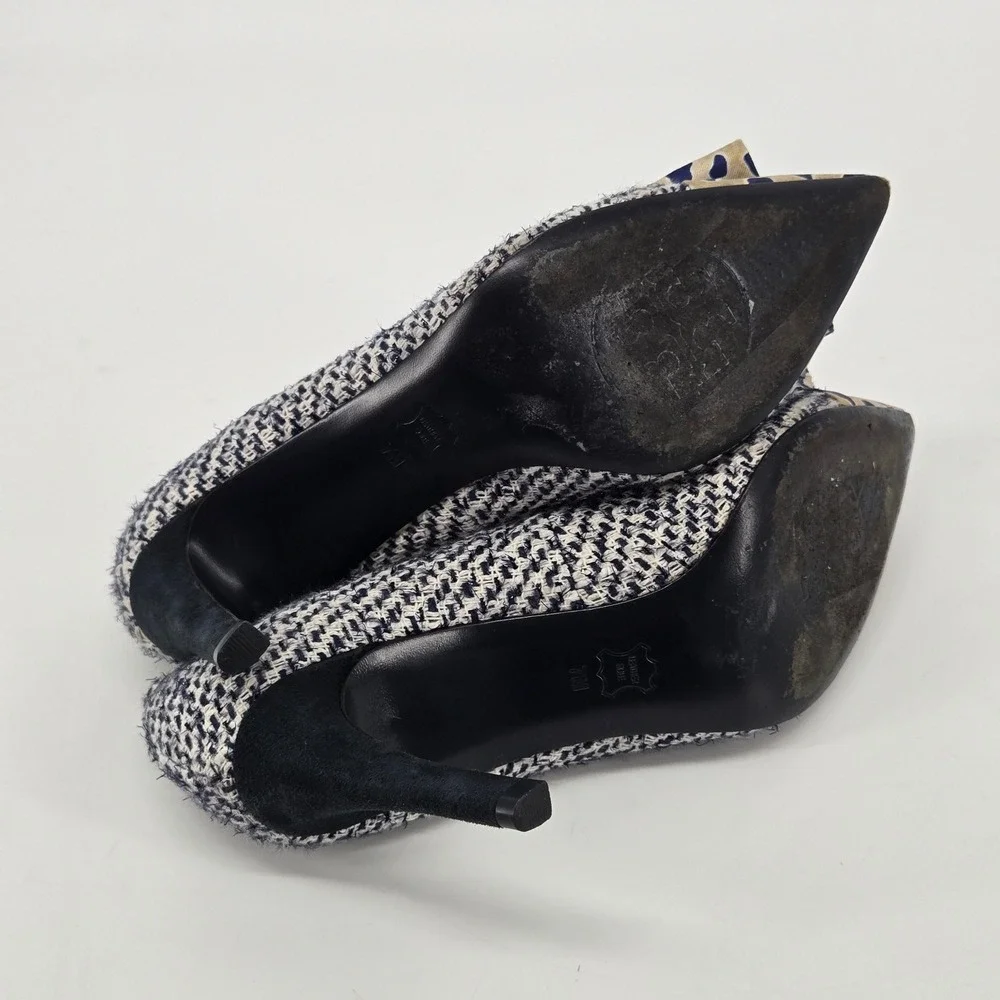 Tory Burch Cleo Tweed Leopard Silk Bow Pointed Toe Stiletto Pumps Heels 7M 3.5